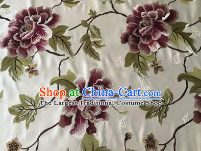 Asian Chinese Traditional Cheongsam White Brocade Fabric Suzhou Embroidered Peony Pattern Silk Fabric Material