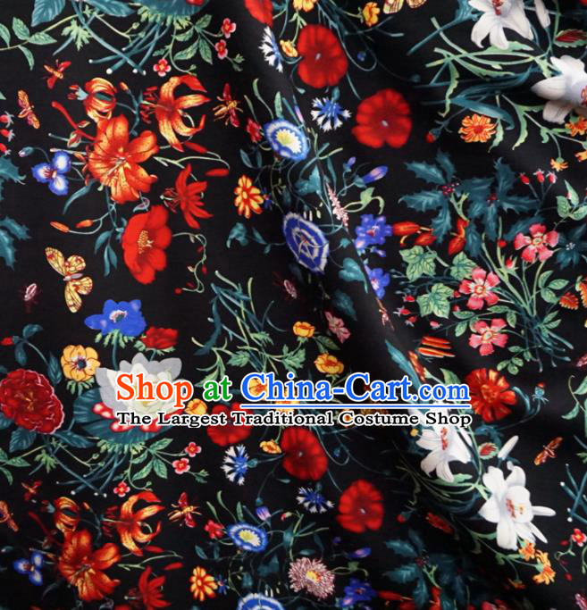 Asian Chinese Traditional Fabric Flowers Pattern Tang Suit Black Cotton Material