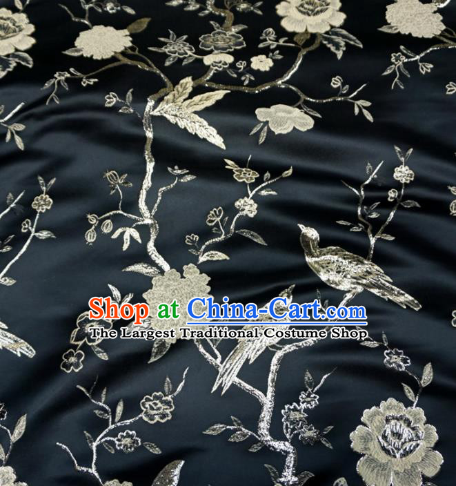 Asian Chinese Traditional Black Brocade Fabric Flowers Birds Pattern Tang Suit Silk Material