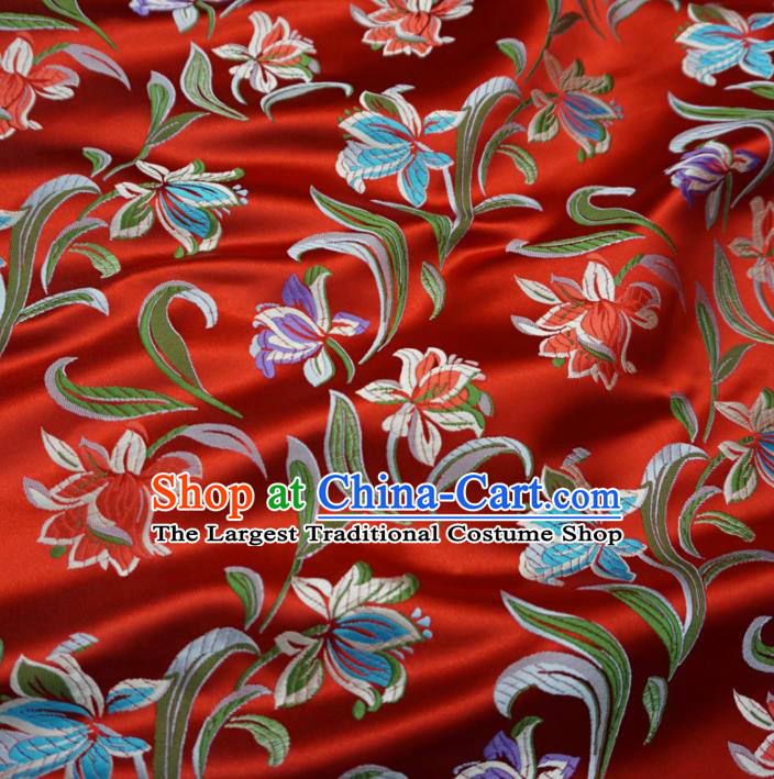 Asian Chinese Traditional Satin Fabric Classical Flowers Pattern Red Brocade Tang Suit Silk Material