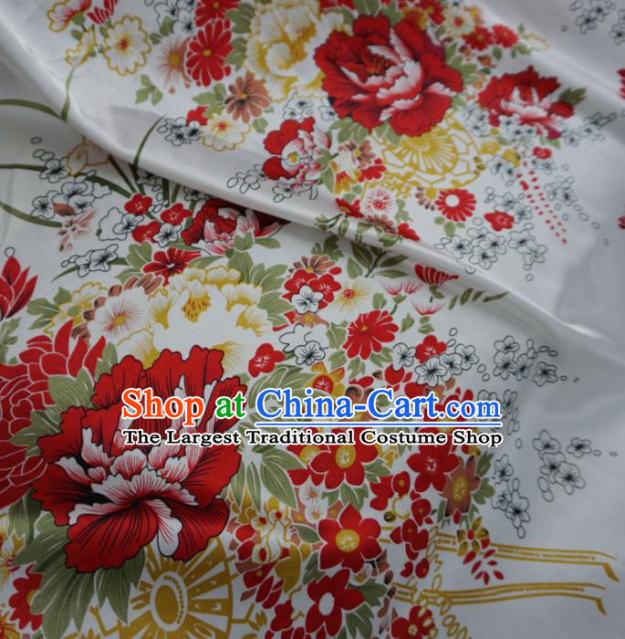 Asian Chinese Printing Peony White Brocade Traditional Cheongsam Satin Fabric Tang Suit Silk Material