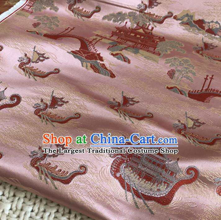 Asian Chinese Classical Dragon Boat Design Pattern Pink Brocade Traditional Cheongsam Satin Fabric Tang Suit Silk Material