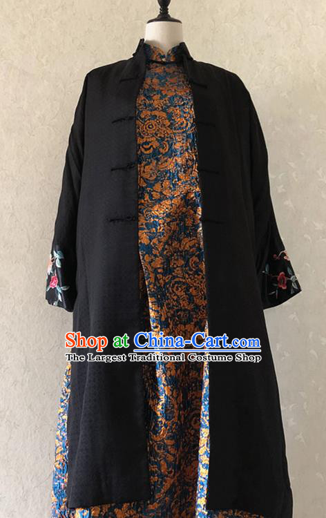 Chinese Traditional Costume National Embroidered Black Cotton Padded Coat Tang Suit Long Robe for Women