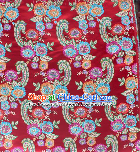 Asian Chinese Classical Flowers Pattern Red Nanjing Brocade Traditional Tibetan Robe Satin Fabric Silk Material