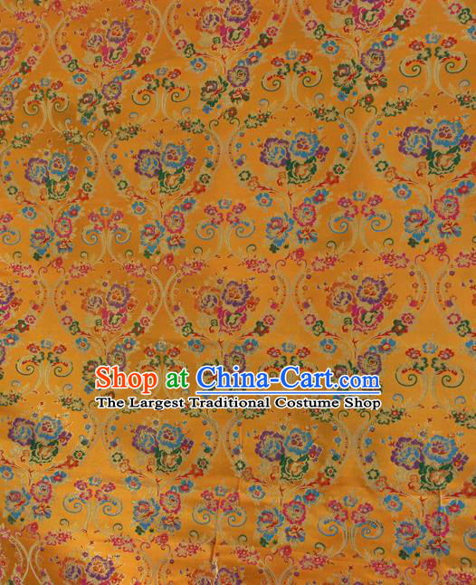 Asian Chinese Classical Flowers Vase Pattern Yellow Nanjing Brocade Traditional Tibetan Robe Satin Fabric Silk Material