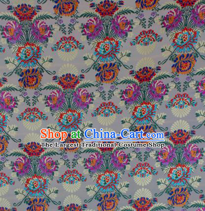 Asian Chinese Classical Flowers Pattern White Nanjing Brocade Traditional Tibetan Robe Satin Fabric Silk Material