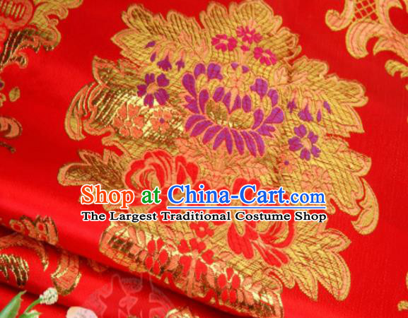 Asian Chinese Classical Leaf Flowers Pattern Red Brocade Traditional Tibetan Robe Satin Fabric Silk Material