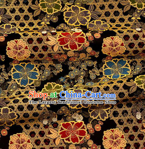 Asian Traditional Classical Sakura Pattern Nishijin Black Brocade Fabric Japanese Kimono Satin Silk Material