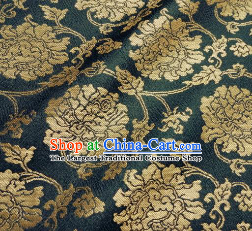 Asian Traditional Classical Peony Pattern Blue Tapestry Satin Nishijin Brocade Fabric Japanese Kimono Silk Material