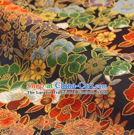 Asian Traditional Classical Flowers Pattern Nishijin Black Brocade Fabric Japanese Kimono Satin Silk Material