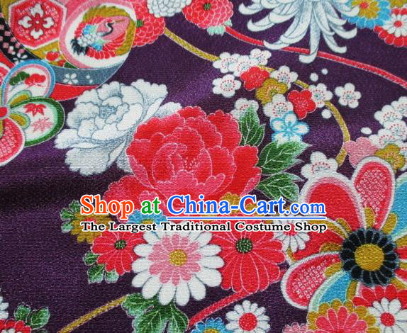 Asian Traditional Classical Chrysanthemum Fan Pattern Purple Tapestry Satin Brocade Fabric Japanese Kimono Silk Material