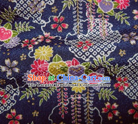 Asian Traditional Classical Chrysanthemum Pattern Navy Brocade Tapestry Satin Fabric Japanese Kimono Silk Material