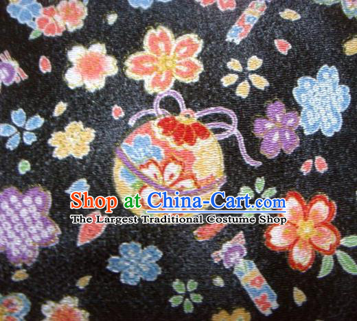 Asian Traditional Kimono Classical Sakura Bells Pattern Black Brocade Tapestry Satin Fabric Japanese Silk Material