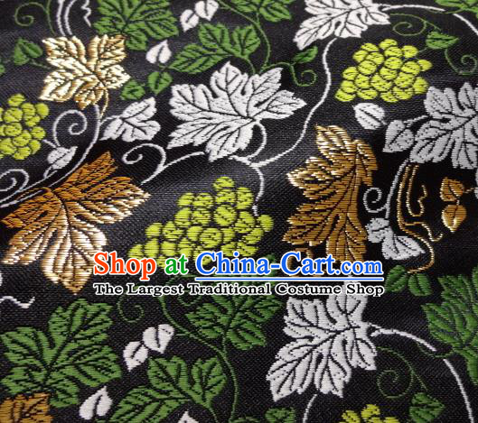 Asian Traditional Kimono Classical Grape Vine Pattern Black Nishijin Brocade Tapestry Satin Fabric Japanese Silk Material