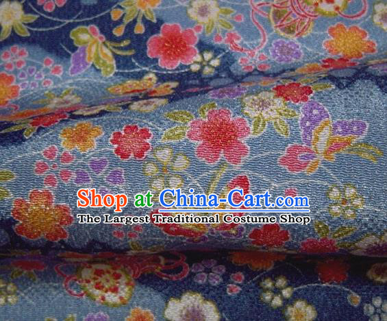 Asian Traditional Classical Butterfly Sakura Pattern Blue Brocade Tapestry Satin Fabric Japanese Kimono Silk Material