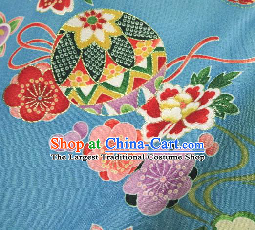 Asian Traditional Kimono Classical Ball Pattern Blue Brocade Tapestry Satin Fabric Japanese Kyoto Silk Material