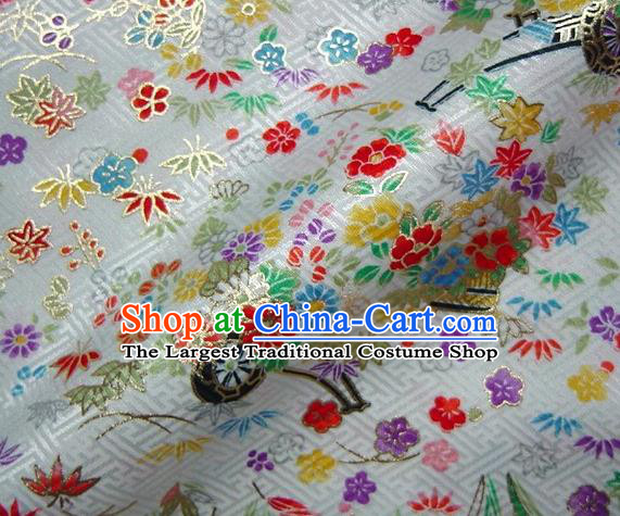 Asian Traditional Kimono Classical Sakura Maple Pattern White Brocade Tapestry Satin Fabric Japanese Kyoto Silk Material