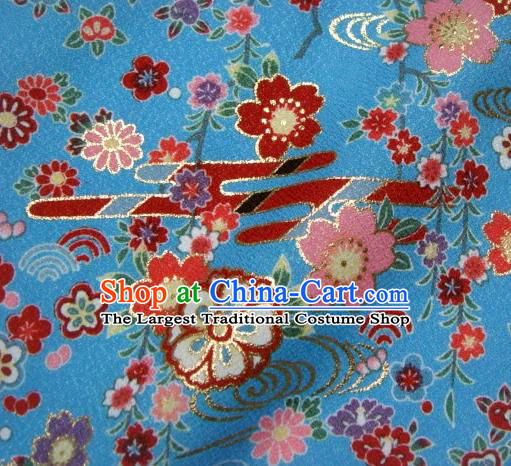 Asian Traditional Kimono Classical Primula Obconica Hance Pattern Blue Brocade Tapestry Satin Fabric Japanese Kyoto Silk Material