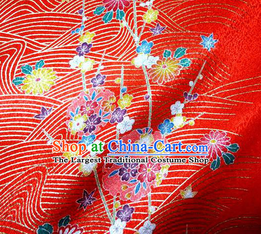 Asian Traditional Kimono Classical Sakura Pattern Damask Red Brocade Tapestry Satin Fabric Japanese Kyoto Silk Material