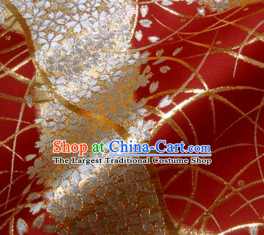 Asian Traditional Baldachin Classical Sakura Pattern Red Brocade Fabric Japanese Kimono Tapestry Satin Silk Material