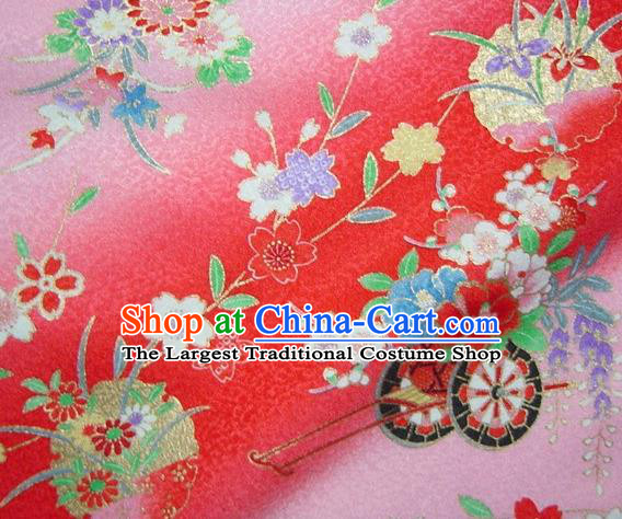 Asian Traditional Kimono Classical Flowers Gharry Pattern Red Brocade Tapestry Satin Fabric Japanese Kyoto Silk Material