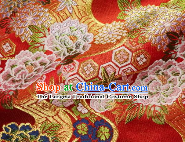 Asian Traditional Classical Peony Pattern Red Damask Brocade Fabric Japanese Kimono Tapestry Satin Silk Material