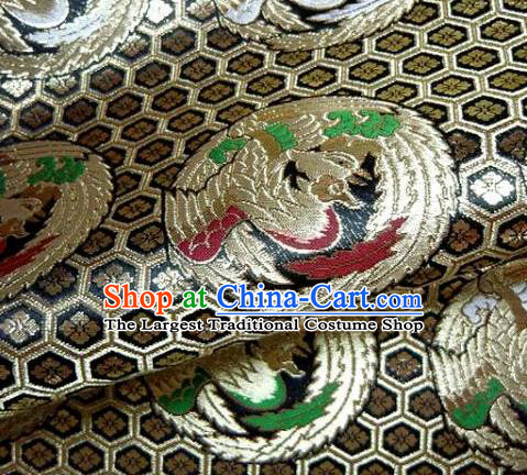 Asian Traditional Baldachin Classical Round Phoenix Pattern Black Brocade Fabric Japanese Kimono Tapestry Satin Silk Material