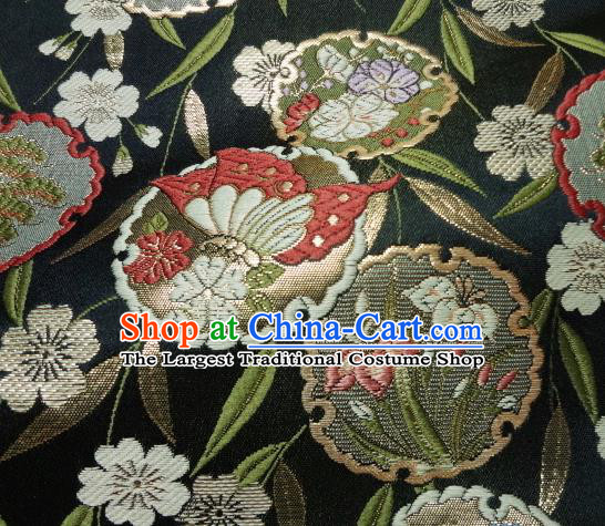 Asian Japanese Traditional Brocade Classical Bamboo Leaf Pattern Black Baldachin Fabric Kimono Tapestry Satin Silk Material