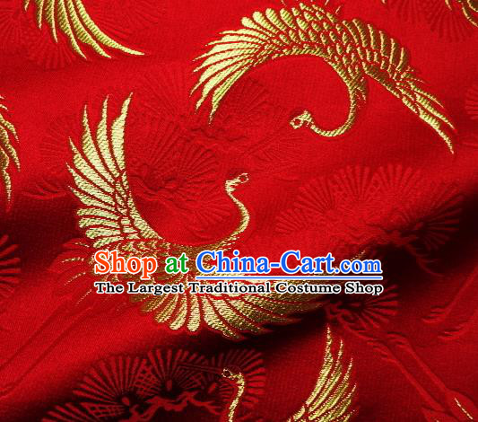 Asian Traditional Japanese Kimono Classical Cranes Pattern Red Tapestry Satin Brocade Fabric Baldachin Silk Material