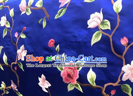 Asian Traditional Fabric Classical Embroidered Peony Pattern Blue Brocade Satin Silk Material