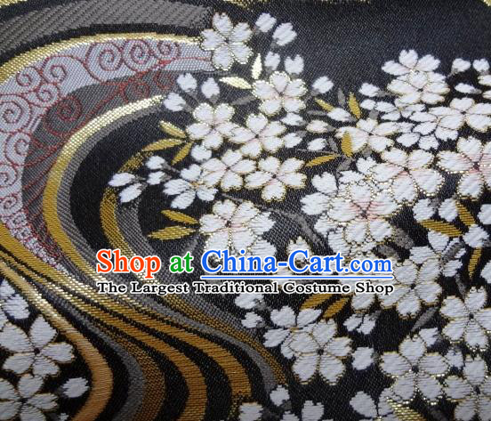 Asian Japanese Traditional Brocade Classical Sakura Pattern Black Baldachin Fabric Kimono Tapestry Satin Silk Material