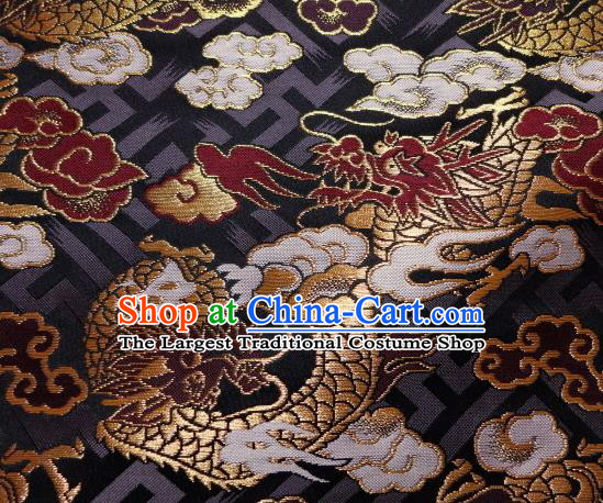 Asian Japanese Traditional Black Baldachin Classical Cloud Dragon Pattern Brocade Fabric Kimono Tapestry Satin Silk Material