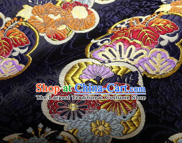 Asian Japanese Navy Tapestry Satin Traditional Kimono Classical Plum Blossom Pattern Brocade Fabric Baldachin Silk Material