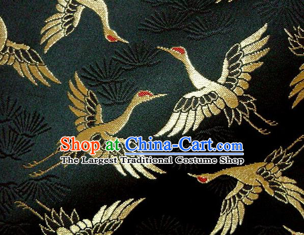 Asian Japanese Traditional Kimono Classical Cranes Pattern Black Tapestry Satin Brocade Fabric Baldachin Silk Material