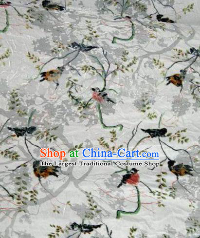 Asian Traditional Fabric Classical Embroidered Birds Pattern White Brocade Chinese Satin Silk Material