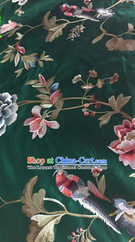 Asian Traditional Fabric Classical Embroidered Peony Birds Pattern Green Brocade Chinese Satin Silk Material