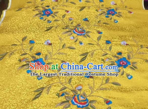 Asian Traditional Fabric Classical Embroidered Peony Flowers Pattern Yellow Brocade Chinese Satin Silk Material