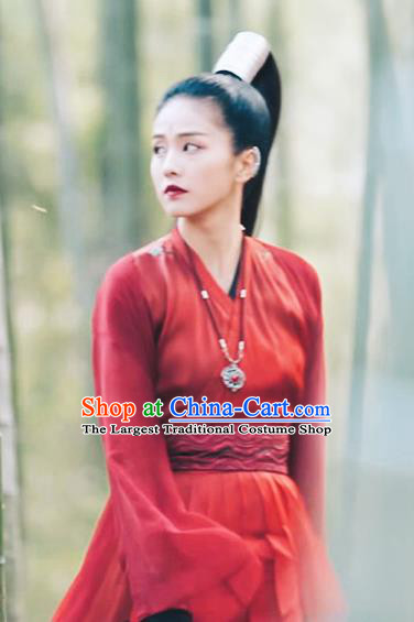 Chinese Ancient Female Knight Red Hanfu Dress Drama Zhao Yao Swordswoman Traditional Costume and Headpiece for Women