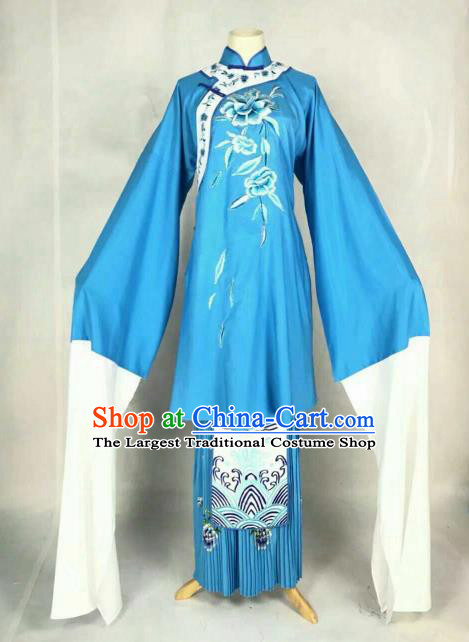 Traditional Chinese Peking Opera Court Maid Embroidered Blue Dress Ancient Maidservants Costume for Women