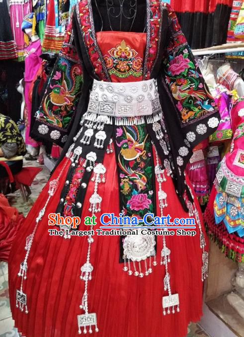 Chinese Traditional Hmong Ethnic Wedding Costume China Miao Nationality Folk Dance Embroidered Red Dress for Women