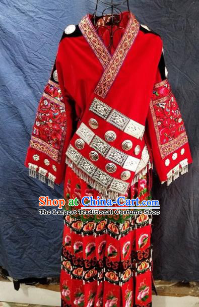 Chinese Traditional Hmong Ethnic Costume Miao Nationality Folk Dance Embroidered Red Dress for Women