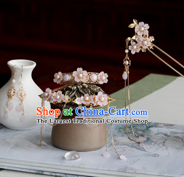 Chinese Traditional Hanfu Hair Accessories Ancient Princess Pink Flowers Hairpins Complete Set for Women