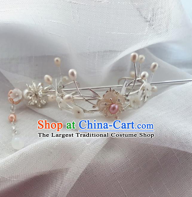 Chinese Ancient Princess Hairpins Pearls White Hair Crown Traditional Hanfu Hair Accessories for Women