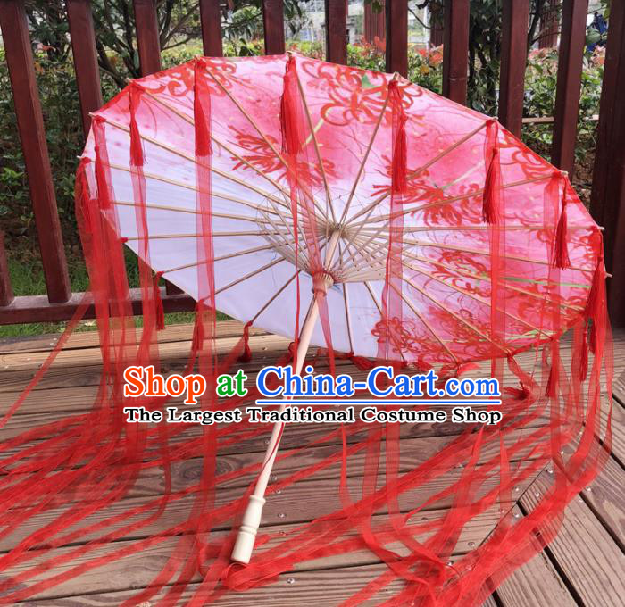 Chinese Ancient Drama Prop Printing Silk Umbrella Traditional Handmade Red Ribbon Umbrellas