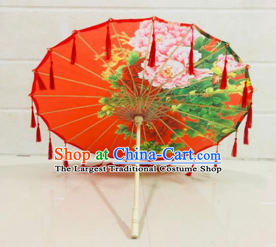 Chinese Ancient Drama Prop Printing Peony Silk Umbrella Traditional Handmade Red Tassel Umbrellas