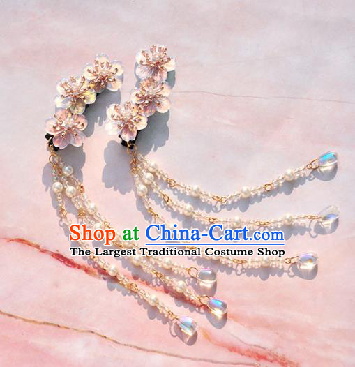 Chinese Ancient Princess Pink Flowers Hair Sticks Tassel Hairpins Traditional Hanfu Hair Accessories for Women