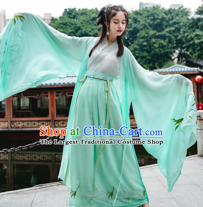 Chinese Traditional Jin Dynasty Swordswomen Historical Costume Ancient Female Knight Green Hanfu Dress for Women