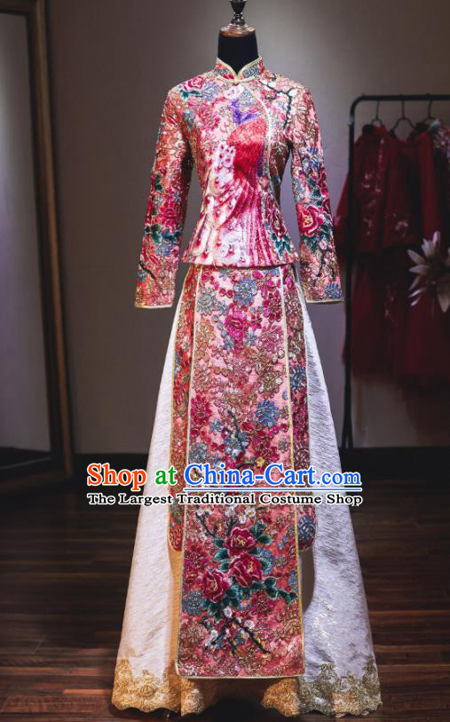 Chinese Traditional Wedding Diamante Xiuhe Suit Ancient Bride Embroidered Champagne Dress for Women