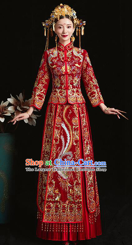 Chinese Traditional Bride Diamante Costume Embroidered Phoenix Peony Xiuhe Suit Ancient Wedding Dress for Women