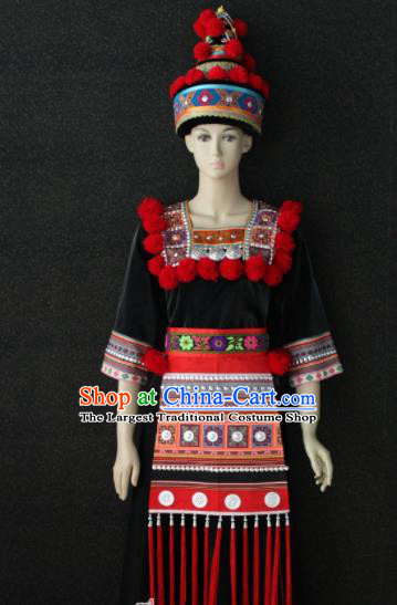 Chinese Traditional Yao Nationality Embroidered Black Dress Ethnic Folk Dance Costume for Women